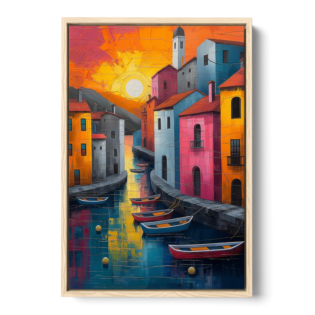 Sorrento Art of a Sunset Harbor - Oak Framed Canvas Wall Art - Front