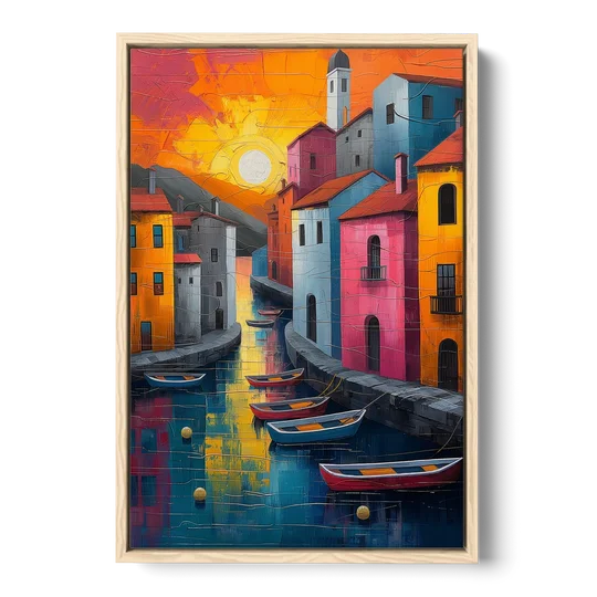 Sorrento Art of a Sunset Harbor - Oak Framed Canvas Wall Art - Front
