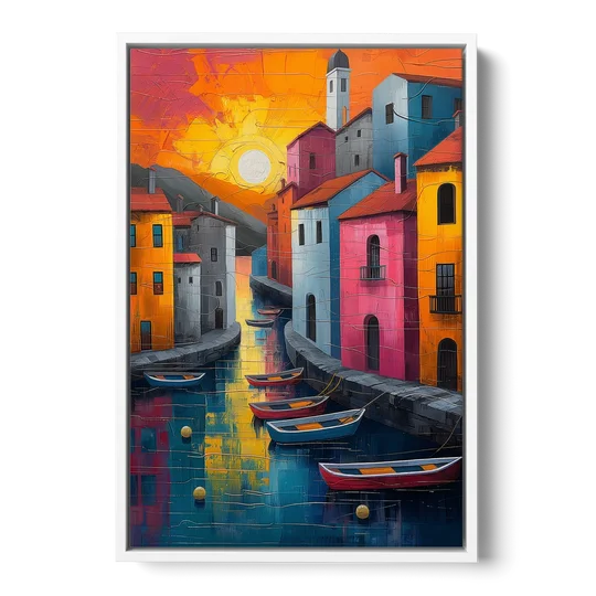 Sorrento Art of a Sunset Harbor - White Framed Canvas Wall Art - Front