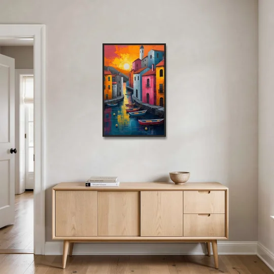Sorrento Art of a Sunset Harbor - Black Framed Canvas Wall Art - Coffee Table - 24x36