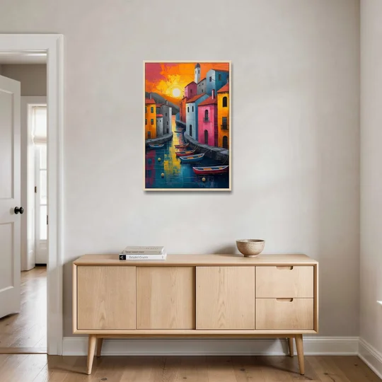 Sorrento Art of a Sunset Harbor - Oak Framed Canvas Wall Art - Coffee Table - 24x36