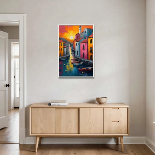 Sorrento Art of a Sunset Harbor - White Framed Canvas Wall Art - Coffee Table - 24x36