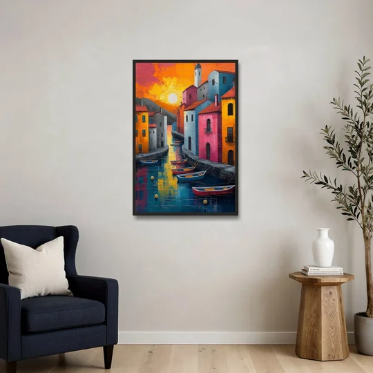 Sorrento Art of a Sunset Harbor - Black Framed Canvas Wall Art - Sofa - 24x36