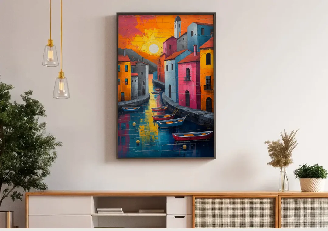 Sorrento Art of a Sunset Harbor canvas wall art above a wooden sideboard under pendant lights