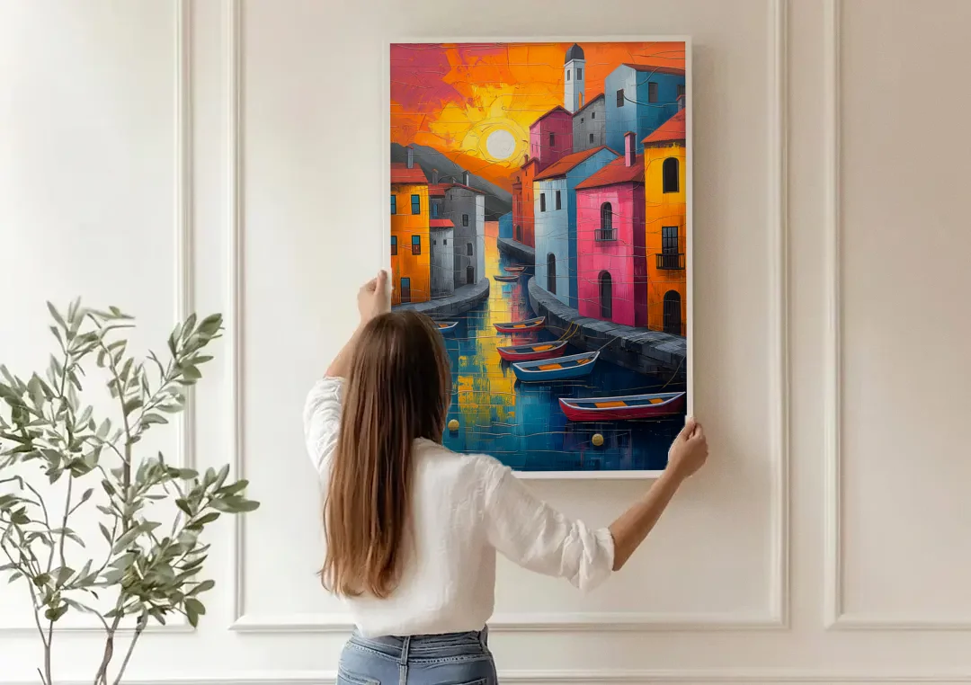 Sorrento Art of a Sunset Harbor canvas wall art being hung on a paneled wall
