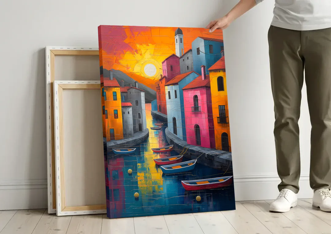 Sorrento Art of a Sunset Harbor canvas wall art leaning against a wall next to blank canvases
