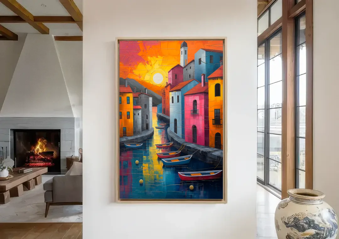 Sorrento Art of a Sunset Harbor canvas wall art in a living room with a fireplace