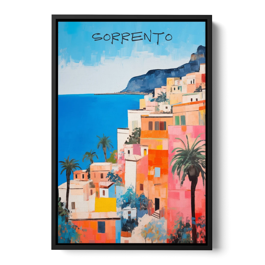 Sorrento Painting of Seaside Houses - Black Framed Canvas Wall Art - Front