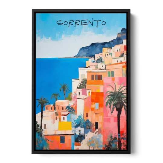 Sorrento Painting of Seaside Houses - Black Framed Canvas Wall Art - Front