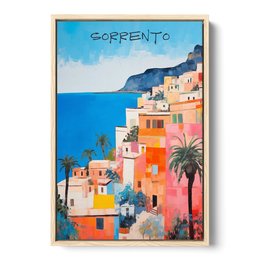 Sorrento Painting of Seaside Houses - Oak Framed Canvas Wall Art - Front
