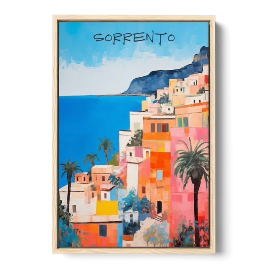 Sorrento Painting of Seaside Houses - Oak Framed Canvas Wall Art - Front