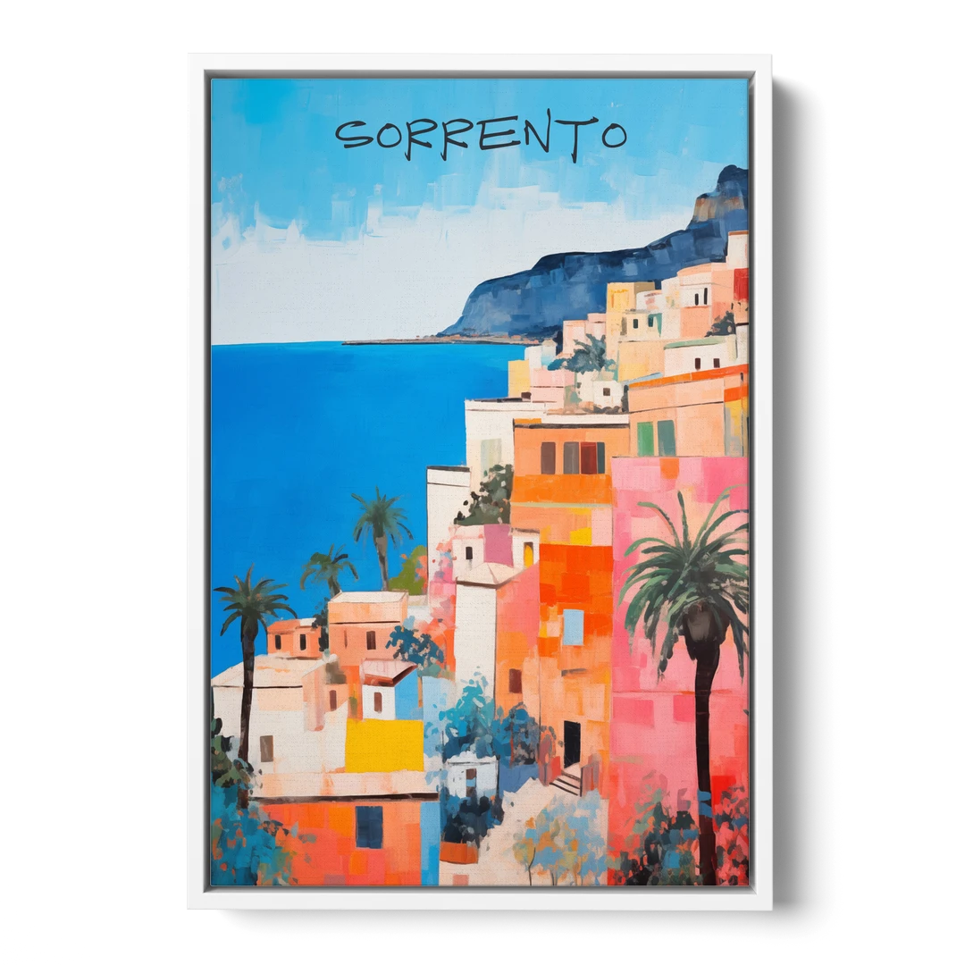 Sorrento Painting of Seaside Houses - White Framed Canvas Wall Art - Front