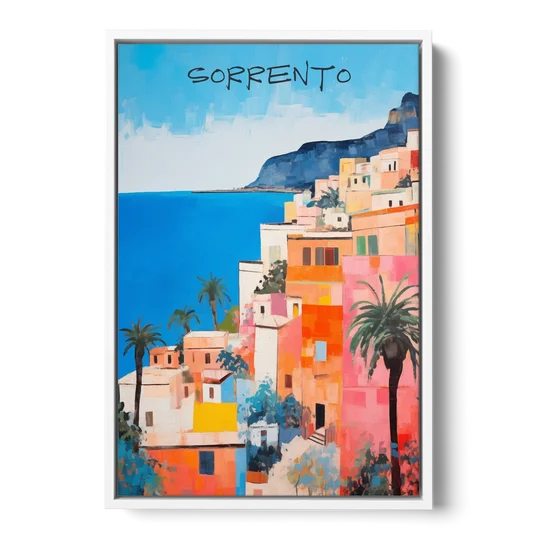 Sorrento Painting of Seaside Houses - White Framed Canvas Wall Art - Front