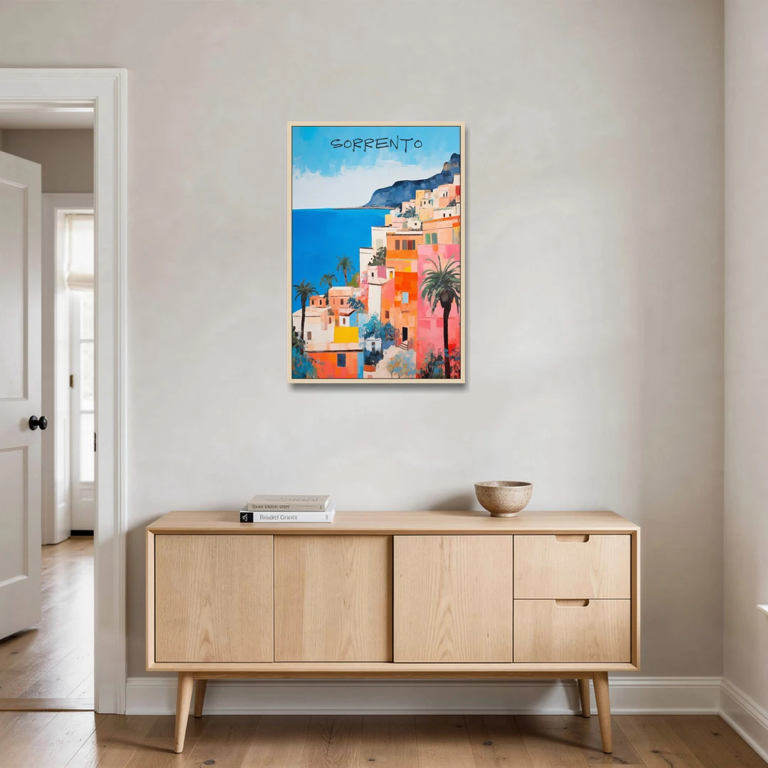 Sorrento Painting of Seaside Houses - Oak Framed Canvas Wall Art - Coffee Table - 24x36