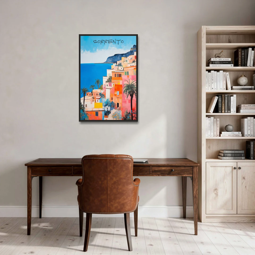 Sorrento Painting of Seaside Houses - Black Framed Canvas Wall Art - Office - 24x36