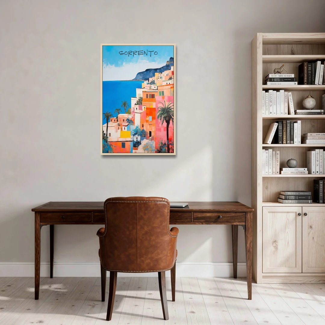 Sorrento Painting of Seaside Houses - Oak Framed Canvas Wall Art - Office - 24x36