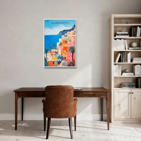 Sorrento Painting of Seaside Houses - White Framed Canvas Wall Art - Office - 24x36