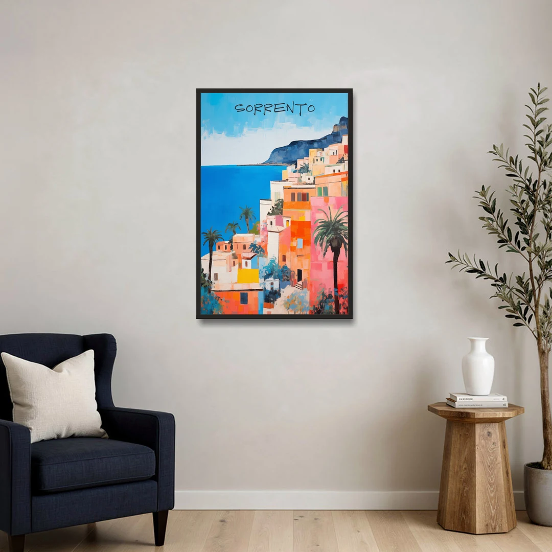 Sorrento Painting of Seaside Houses - Black Framed Canvas Wall Art - Sofa - 24x36