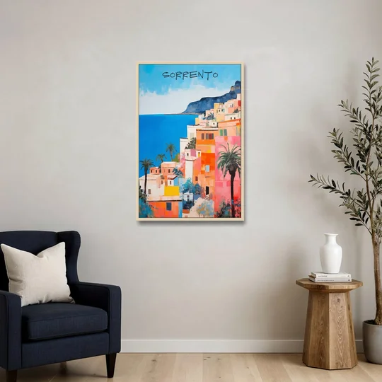 Sorrento Painting of Seaside Houses - Oak Framed Canvas Wall Art - Sofa - 24x36