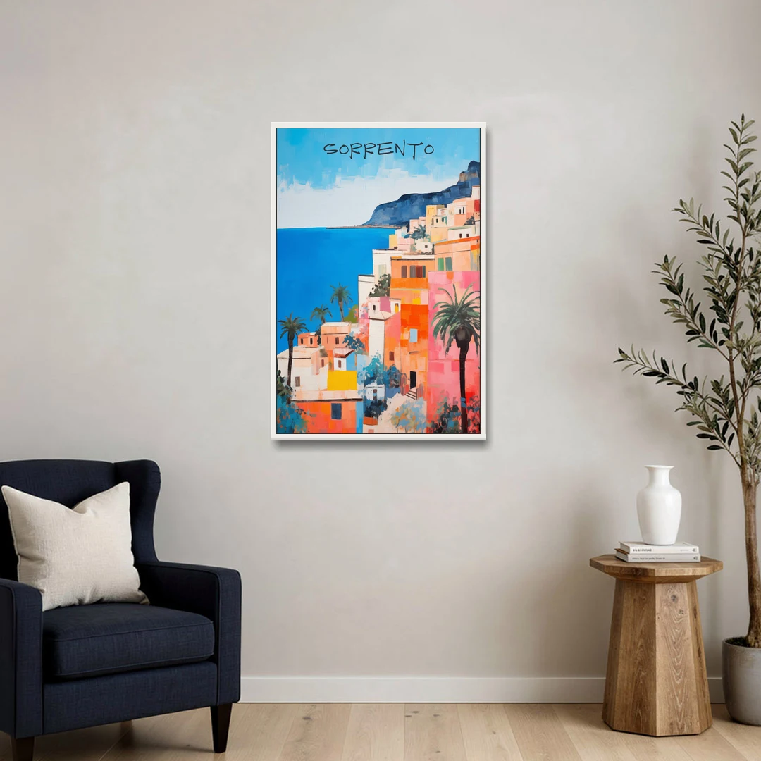 Sorrento Painting of Seaside Houses - White Framed Canvas Wall Art - Sofa - 24x36