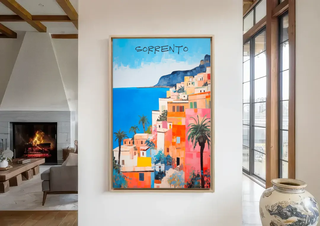 Sorrento Painting of Seaside Houses canvas wall art in a living room with a fireplace