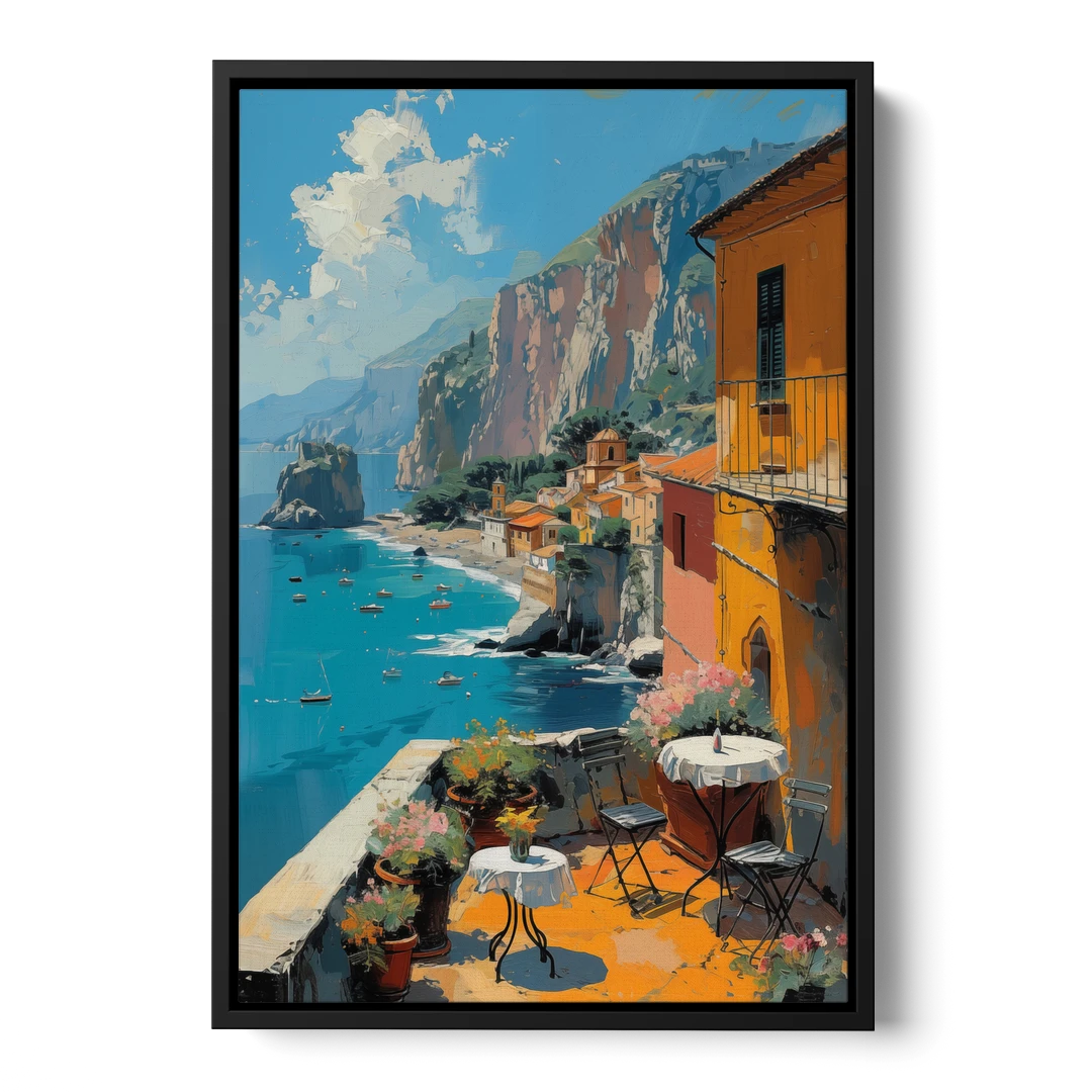 Sorrento Wall Art of a Cliff Terrace - Black Framed Canvas Wall Art - Front