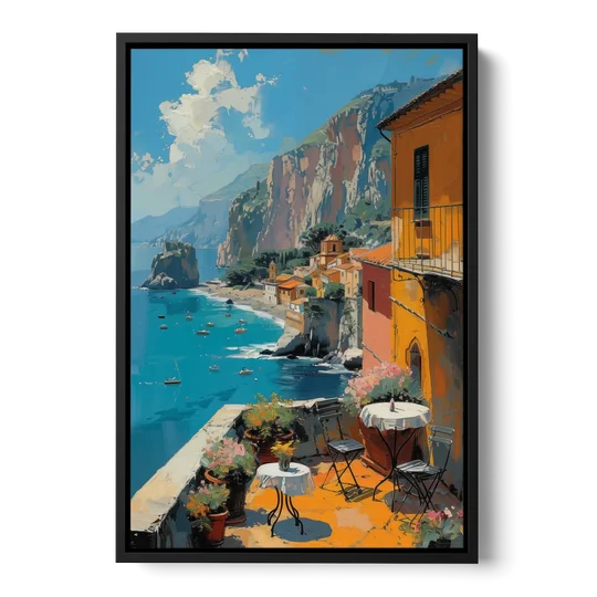 Sorrento Wall Art of a Cliff Terrace - Black Framed Canvas Wall Art - Front