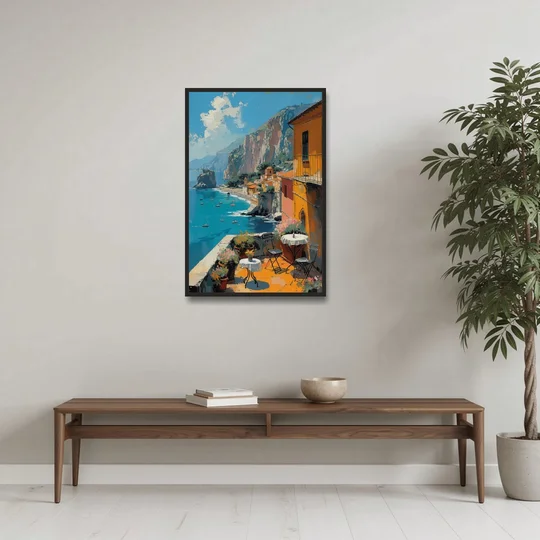 Sorrento Wall Art of a Cliff Terrace - Black Framed Canvas Wall Art - Coffee Table - 24x36