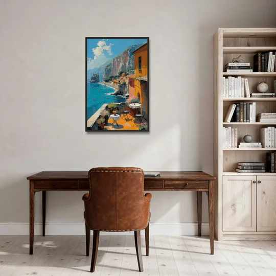 Sorrento Wall Art of a Cliff Terrace - Black Framed Canvas Wall Art - Office - 24x36