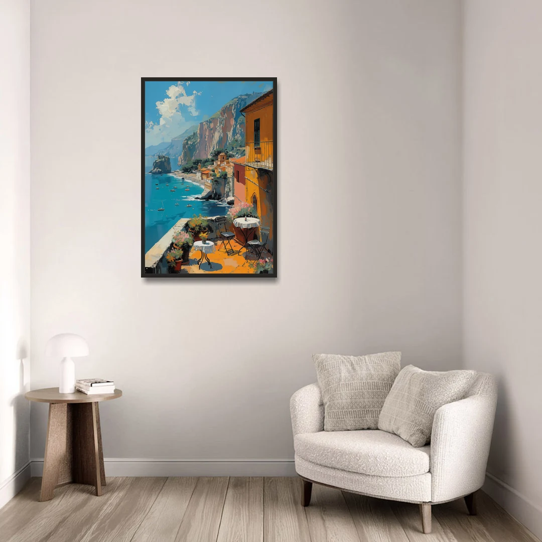 Sorrento Wall Art of a Cliff Terrace - Black Framed Canvas Wall Art - Sofa - 24x36