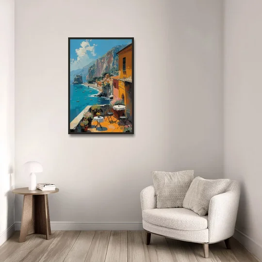 Sorrento Wall Art of a Cliff Terrace - Black Framed Canvas Wall Art - Sofa - 24x36