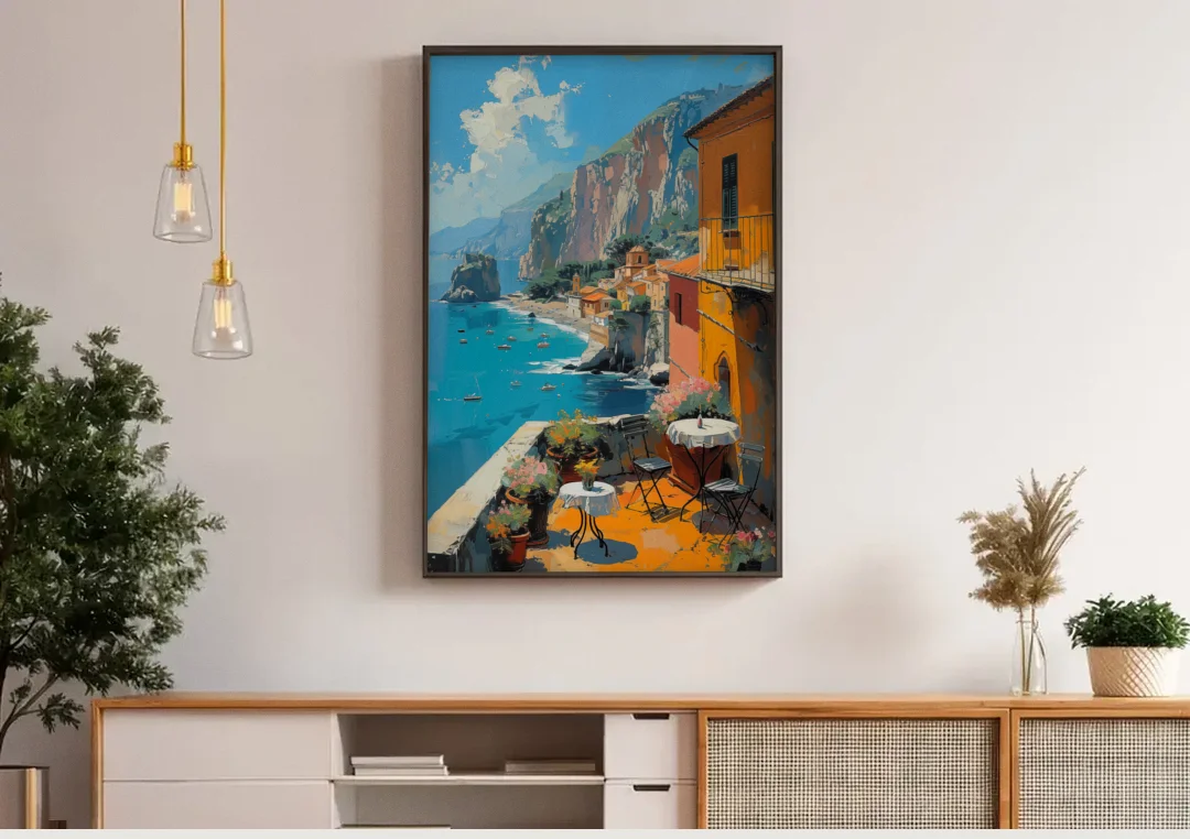 Sorrento Wall Art of a Cliff Terrace canvas wall art above a wooden sideboard under pendant lights