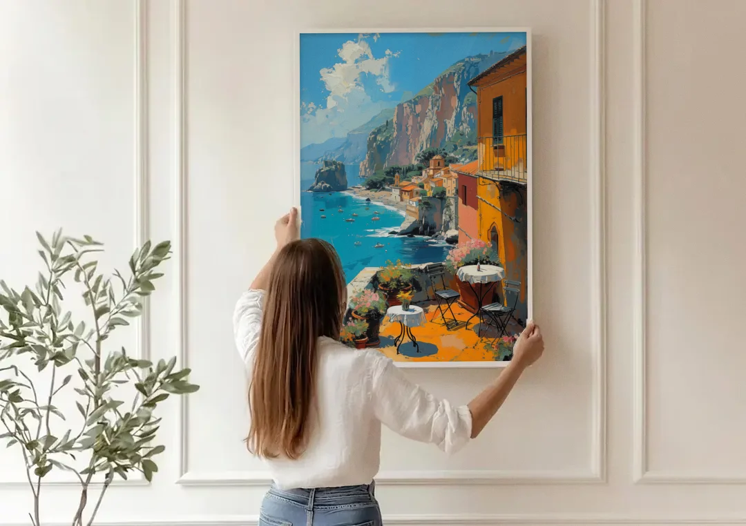 Sorrento Wall Art of a Cliff Terrace canvas wall art being hung on a paneled wall