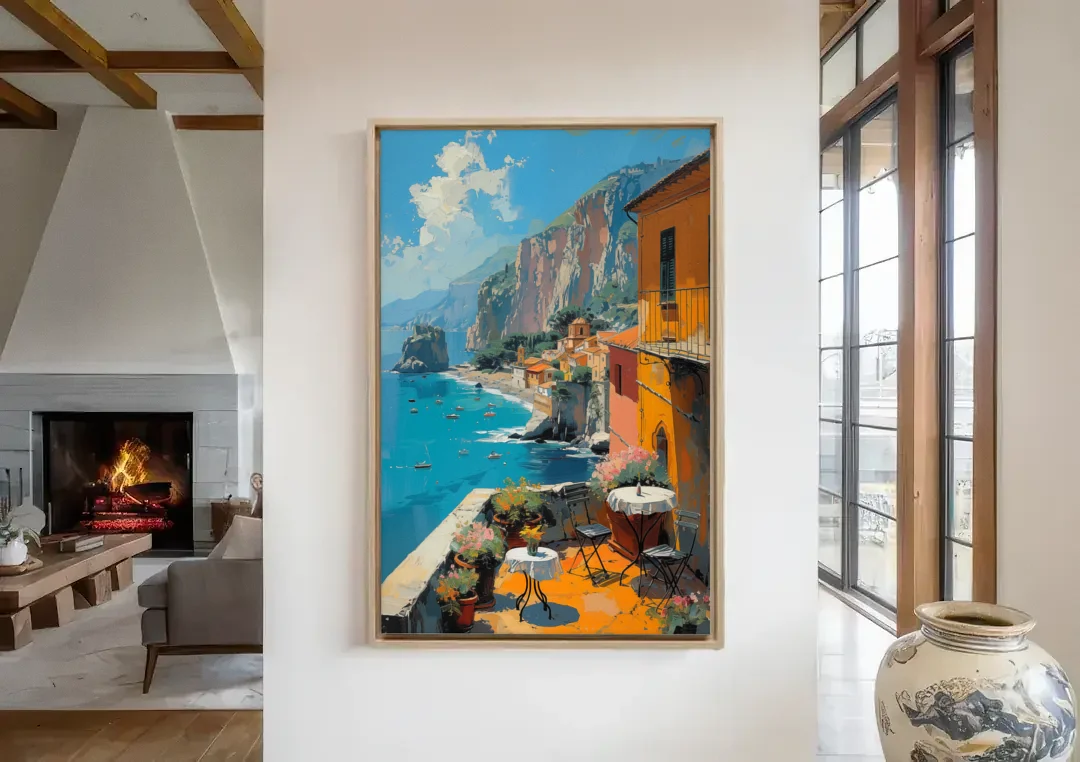 Sorrento Wall Art of a Cliff Terrace canvas wall art in a living room with a fireplace
