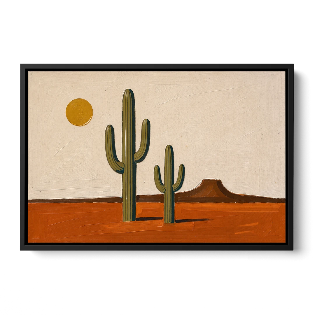 Southwest Wall Art with Two Saguaros Under the Sun - Black Framed Canvas Wall Art - Front