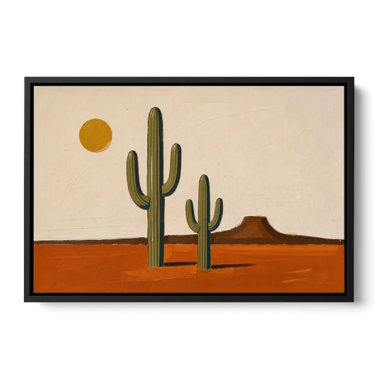 Southwest Wall Art with Two Saguaros Under the Sun - Black Framed Canvas Wall Art - Front