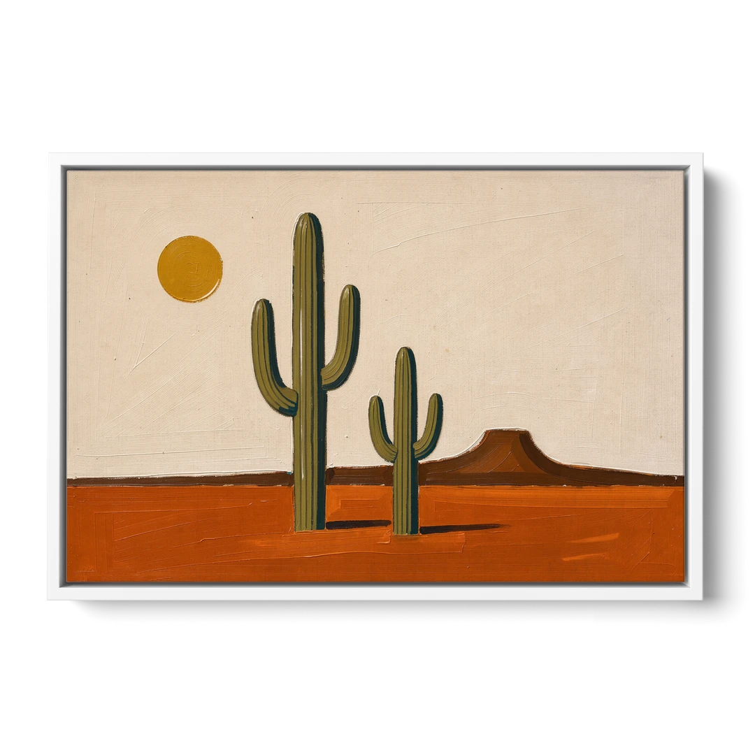 Southwest Wall Art with Two Saguaros Under the Sun - White Framed Canvas Wall Art - Front