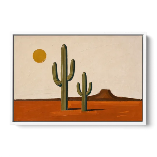 Southwest Wall Art with Two Saguaros Under the Sun - White Framed Canvas Wall Art - Front