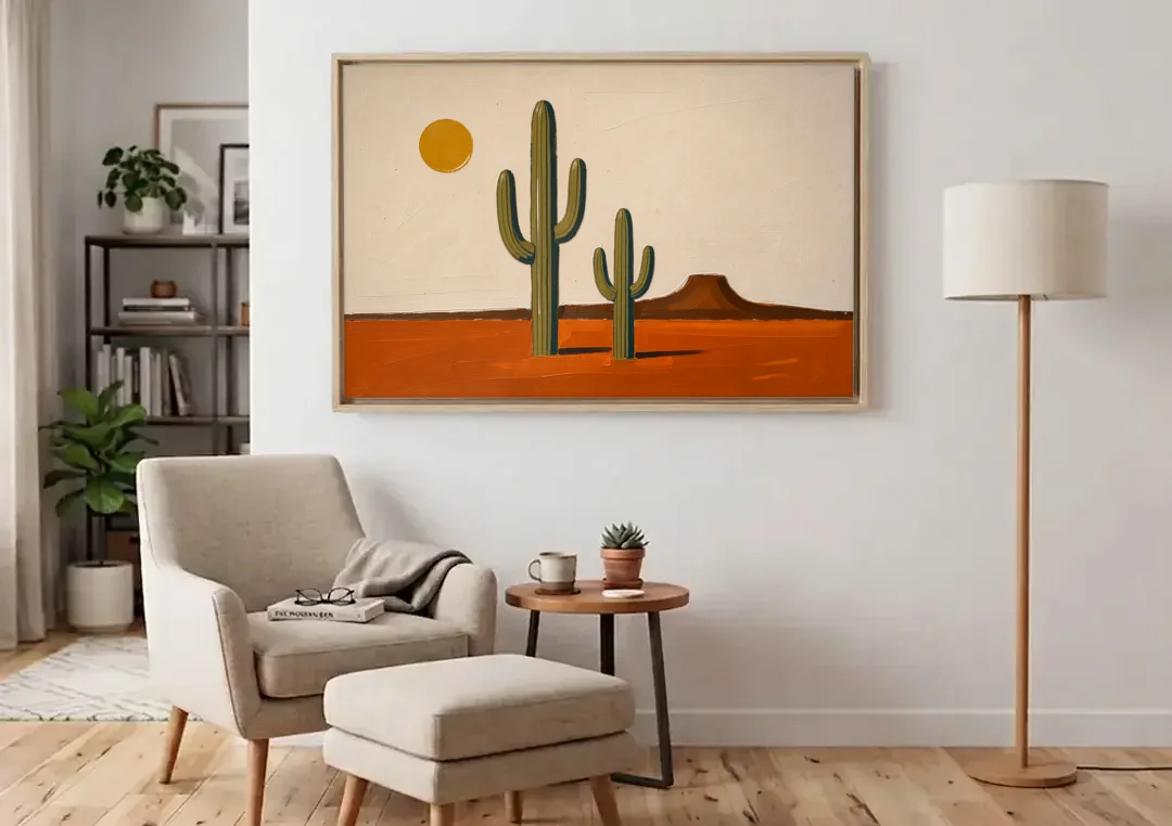 Southwest Wall Art with Two Saguaros Under the Sun canvas wall art above an armchair in a bright living room
