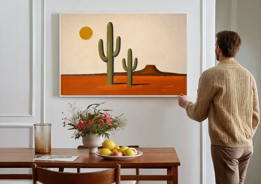 Southwest Wall Art with Two Saguaros Under the Sun canvas wall art above a dining table