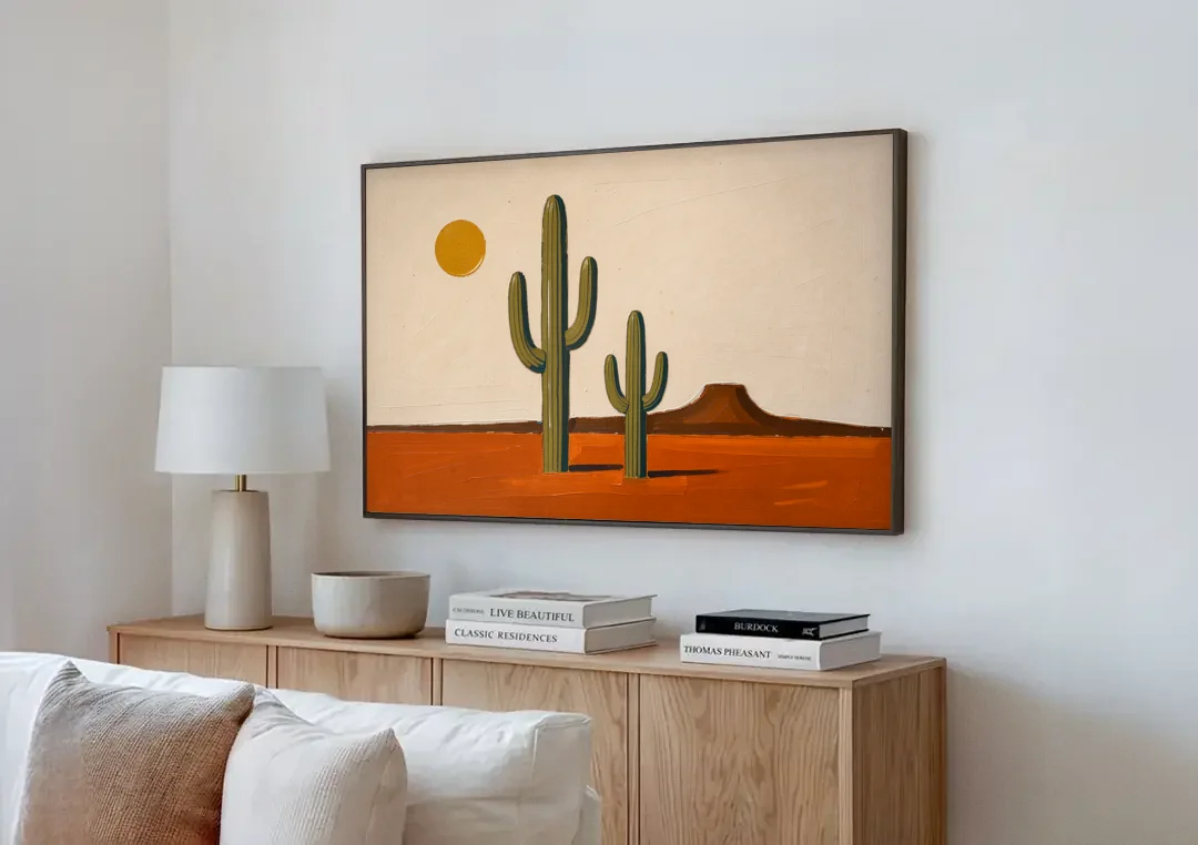 Southwest Wall Art with Two Saguaros Under the Sun canvas wall art above a wooden sideboard next to a sofa