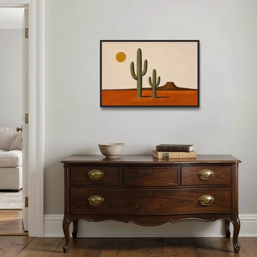 Southwest Wall Art with Two Saguaros Under the Sun - Black Framed Canvas Wall Art - Coffee Table - 36x24