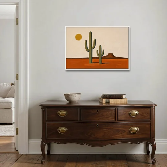 Southwest Wall Art with Two Saguaros Under the Sun - White Framed Canvas Wall Art - Coffee Table - 36x24