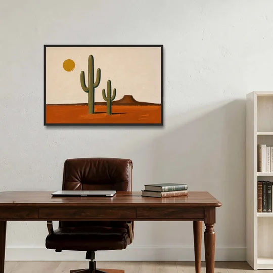 Southwest Wall Art with Two Saguaros Under the Sun - Black Framed Canvas Wall Art - Office - 36x24