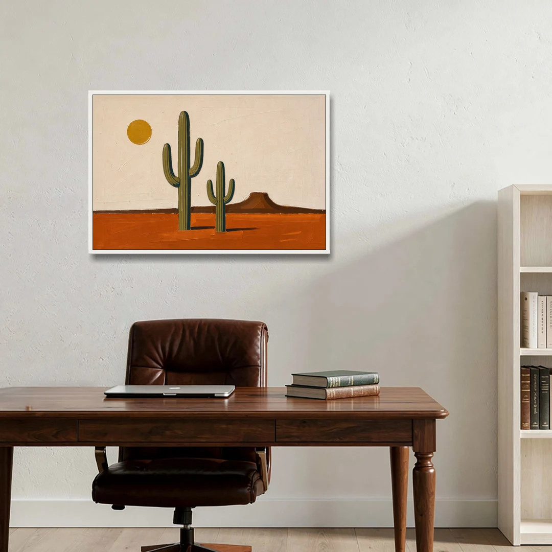 Southwest Wall Art with Two Saguaros Under the Sun - White Framed Canvas Wall Art - Office - 36x24
