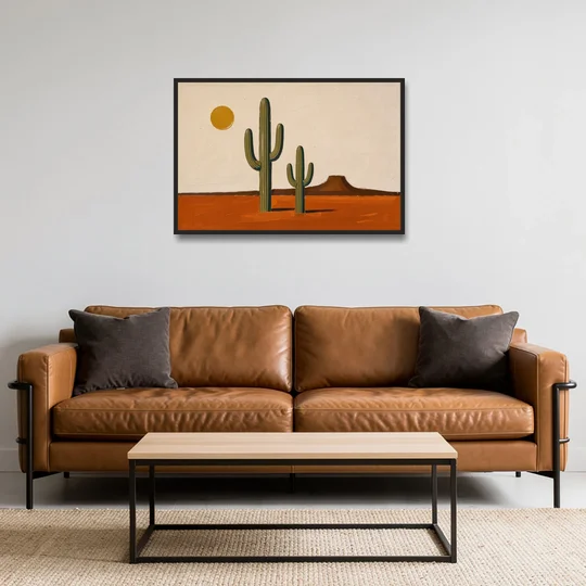 Southwest Wall Art with Two Saguaros Under the Sun - Black Framed Canvas Wall Art - Sofa - 36x24