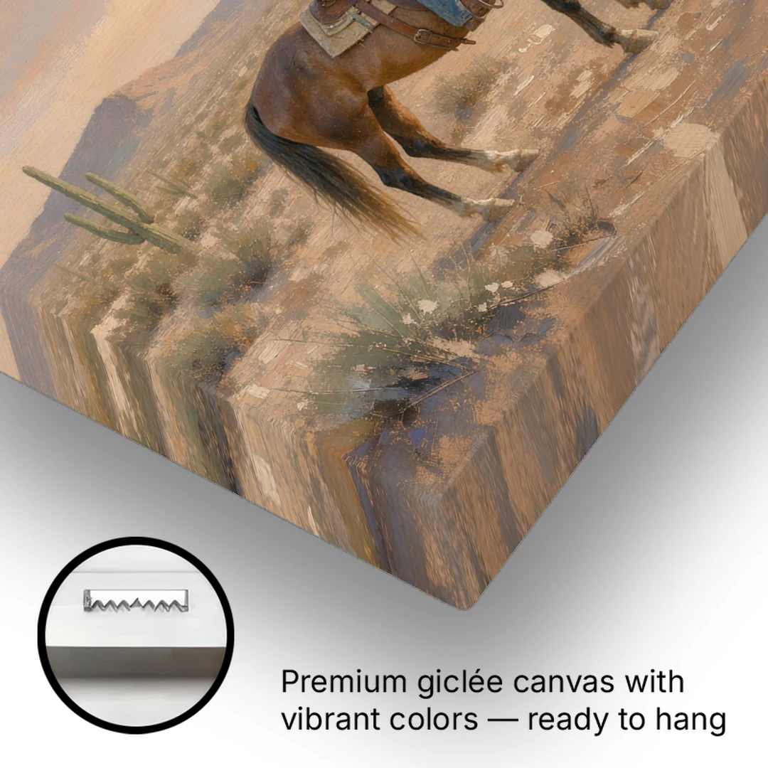 Southwestern Cowgirl Beside the Tall Saguaro - Canvas Wall Art - Gallery Wrap Corner