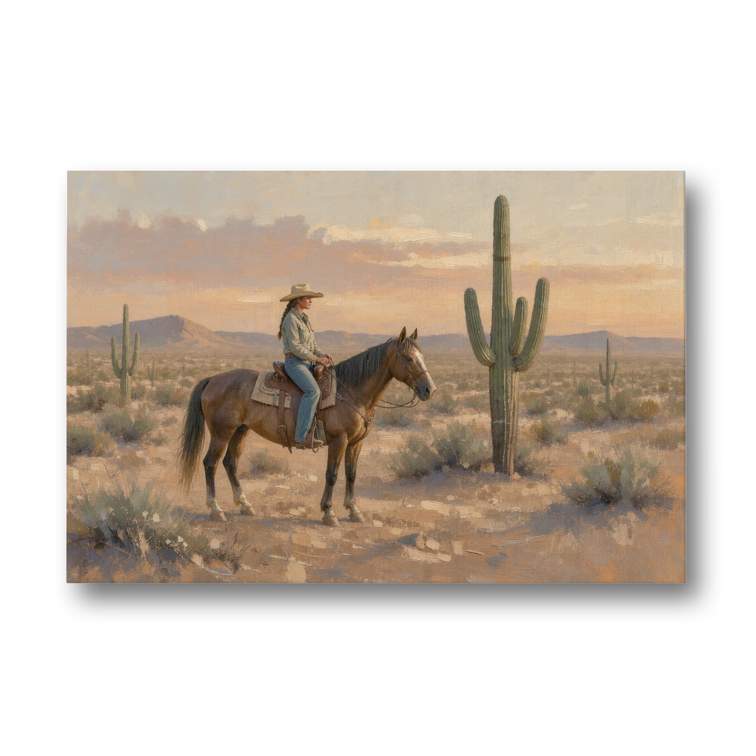 Southwestern Cowgirl Beside the Tall Saguaro - Canvas Wall Art - Front