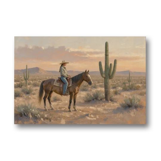 Southwestern Cowgirl Beside the Tall Saguaro - Canvas Wall Art - Front