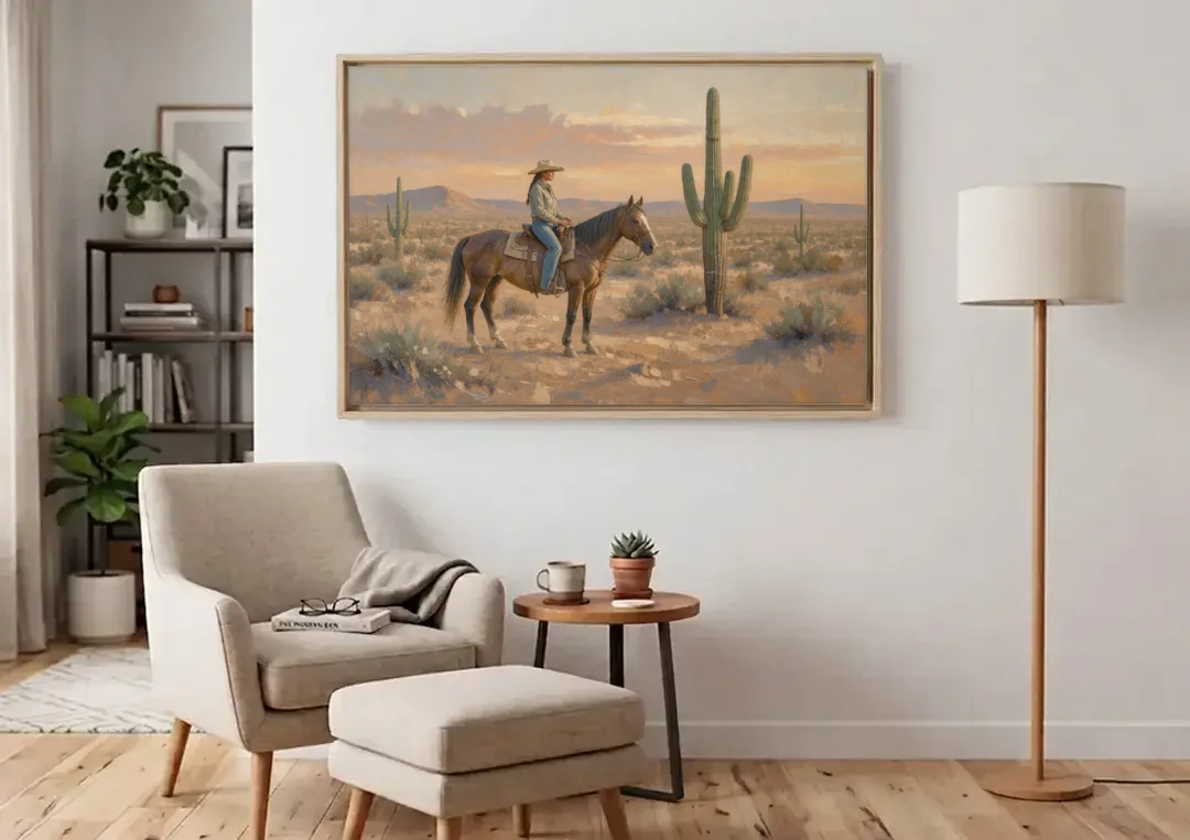 Southwestern Cowgirl Beside the Tall Saguaro canvas wall art above an armchair in a bright living room